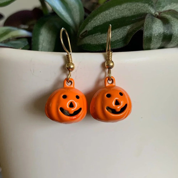 Artisan Jewelry - Handmade Halloween Pumpkin Bell Earrings Enamel Jack-o'-L